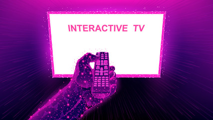 Human hand holding dots and lines holding a remote control. Bright glowing LCD monitor. Interactive tv. Modern means of communication. Abstract blue futuristic background. Media technology.