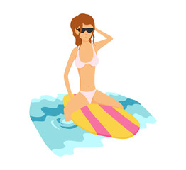 Summer surfing vector illustration of girl or young woman surfer at board on ocean wave. Cartoon poster for summer sport activity and sea leisure hobby.