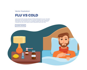 Sick men in bed with the symptoms of  cold, flu. Cartoon vector character on pillow with blanket and scarf, medicine, lemon, thermometer. Illustration of unhealthy guy with a high fever, headache.