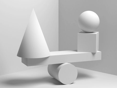 Balancing white geometric shapes. 3d