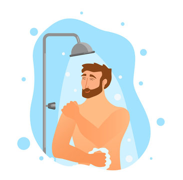 Young man taking shower cartoon vector illustration.