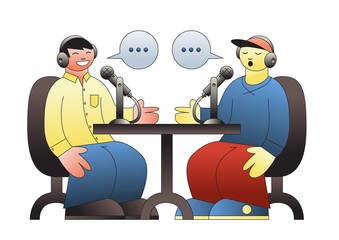 Two men lead the podcast. Broadcast in radio studios.