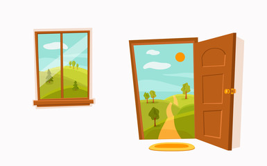 Open door and window cartoon colorful vector illustration with valley summer sun landscape