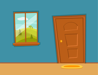 Close door and window cartoon colorful vector illustration with valley summer sun landscape