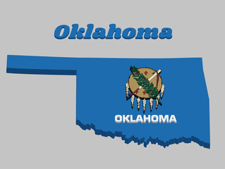 3D Map outline and flag of Oklahoma, Buffalo-skin shield with seven eagle feathers on a sky blue field.