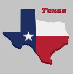 3D Map outline and flag of Texas, blue containing a single centered white star. The remaining field is divided horizontally into a white and red bar.