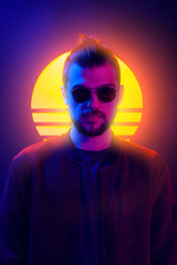 1980s sci-fi futuristic fashion poster style violet neon. Retro wave synth vapor wave portrait of a...