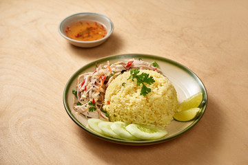 Asian food - roast meat with vegetables and rice