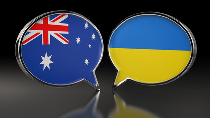 Australia and Ukraine flags with Speech Bubbles. 3D Illustration