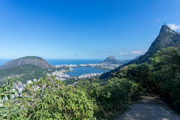 Vew of the Corcovado mountain and Christ statue in the popular South neighbourhood of the city beneath it