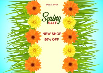 Spring sale, background with colorful flowers and green grass, background for banners, invitations, cards, brochures. Vector illustration. EPS 10