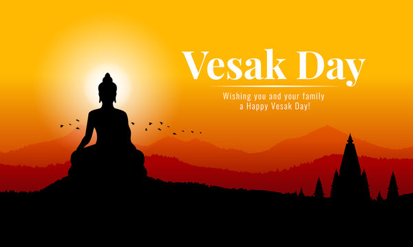 vesak day banner with Silhouette Big Buddha statue on mountain view in evening time vector design