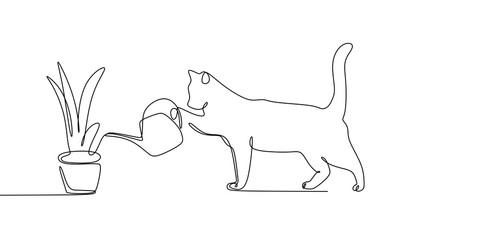 continuous line drawing of cat animals watering plants. © ngupakarti