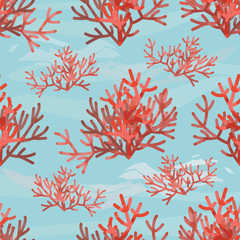 Fototapeta premium Seamless pattern. Red sea corals on a blue background. Underwater world. Wildlife seas and oceans. Realistic vector illustration.