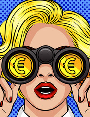 Color vector pop art style illustration of a woman looking through binoculars. Euro sign is reflected in the lenses of binoculars. Female face closeup with binoculars in their hands. Girl sees money