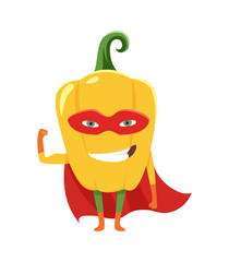 Cute cartoon smiling pepper superhero in mask and cape, colorful humanized vegetable character vector Illustration.