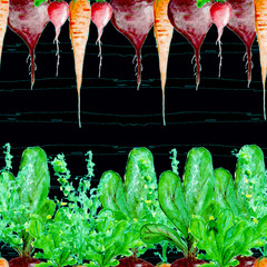 Watercolor Vegan Pattern. Seamless Hand Drawn  Vegetables. Healthy Food Print. Gardening Background. Greenery Repeatable Design for Menu, Restaurant, Salat Bar, Farmers Market. Redish, carrot, beet.