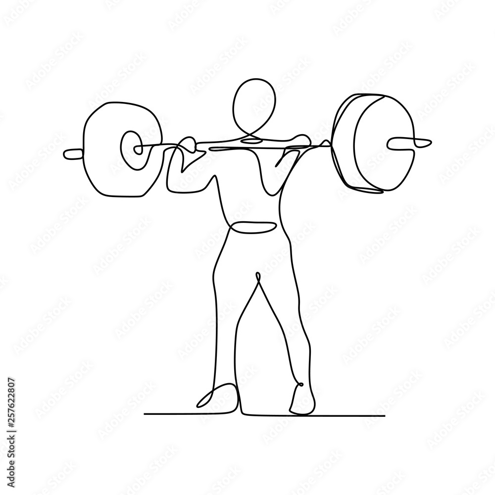 Poster drawing of a continuous line of weightlifting exercise.