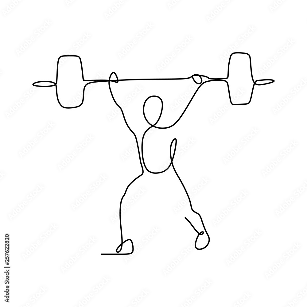 Poster drawing a continuous line of weightlifting position.