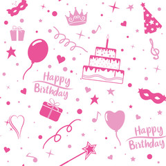 Elements of a merry children's holiday, birthday in pink. Vector seamless pattern.