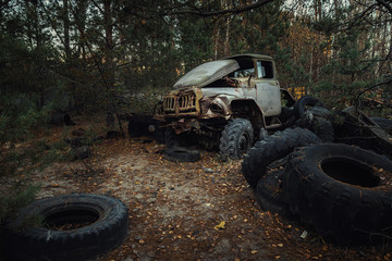 Fototapeta na wymiar Abandoned truck left outside at Chernobyl Fire station