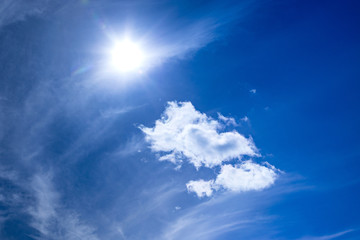 bright blue sky with white clouds and sun background