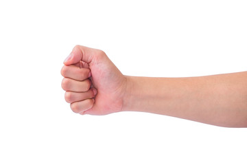 Man hand showing fist symbol on white background. clipping path.