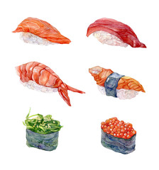 Sushi set. Salmon and shrimp. Tuna and eel fish. Watercolor illustration.