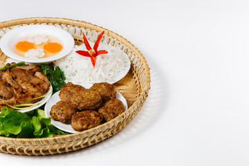 Traditional oriental cuisine of  Vietnam. Bun cha rice noodles with meat steak and bean sprouts