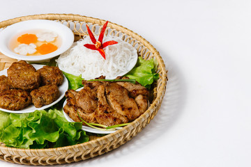 Traditional oriental cuisine of  Vietnam. Bun cha rice noodles with meat steak and bean sprouts