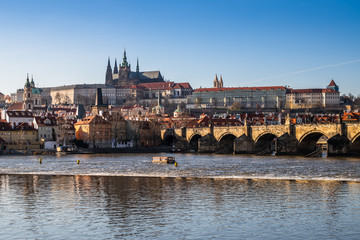 View of colorful old town and Prague castle with river Vltava, Czech Republic