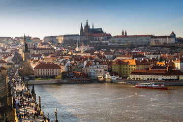 View of colorful old town and Prague castle with river Vltava, Czech Republic
