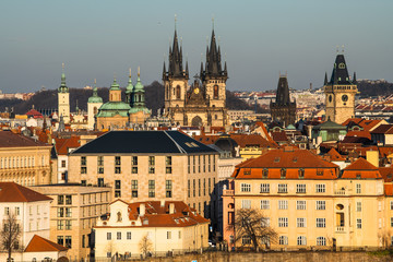 View of colorful old town and Prague castle with river Vltava, Czech Republic