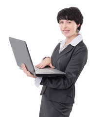 smiling business woman with laptop. isolated on white