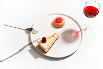 Gourmet desserts on a white plate. Top view.