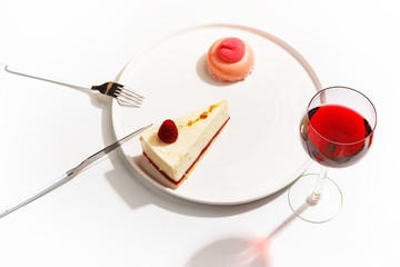 Gourmet desserts on a white plate. Top view.