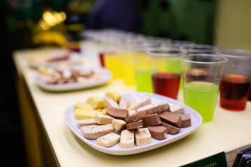 Protein bar on the plate, snacks for athletes in the fitness club