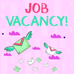 Writing note showing Job Vacancy. Business concept for state of being empty or available job to be taken employer Colorful Airmail Letter Envelopes and Two of Them with Wings