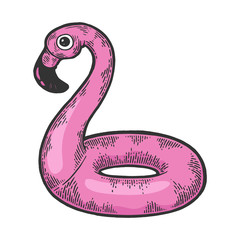 Naklejka premium Flamingo swim beach ring color sketch engraving vector illustration. Scratch board style imitation. Hand drawn image.