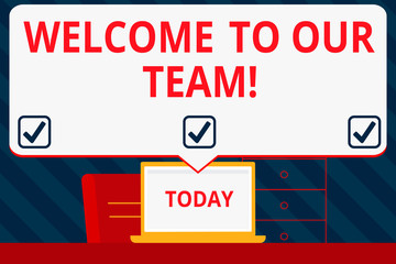 Handwriting text writing Welcome To Our Team. Conceptual photo introducing another demonstrating to your team mates Blank Huge Speech Bubble Pointing to White Laptop Screen in Workspace Idea