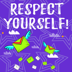 Text sign showing Respect Yourself. Business photo text believing that you good and worthy being treated well Many Colorful Airmail Flying Letter Envelopes and Two of Them with Wings