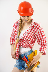 Happy woman in protective helmet