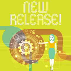 Handwriting text writing New Release. Conceptual photo announcing something newsworthy recent product or service Woman Standing and Presenting the SEO Process with Cog Wheel Gear inside