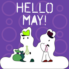 Handwriting text writing Hello May. Conceptual photo welcoming fifth month year considered last month of spring Figure of Two Men Standing with Pouch Bag on White Sticker Style Snow Effect
