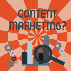 Text sign showing Content Marketing Question. Business photo text involves creation and sharing of online material Magnifying Glass Over Bar Column Chart beside Cog Wheel Gears for Analysis