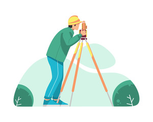 A surveyor is operating the optical level vector flat illustration