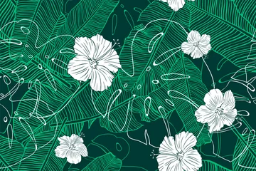 Wandaufkleber Tropical pattern with banana foliage, monstera leaf and hibiscus flower. Hand drawn tropical leaves. Exotic seamless green background. © Iana