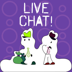 Handwriting text writing Live Chat. Conceptual photo Web service that allows businesses or friends to communicate Figure of Two Men Standing with Pouch Bag on White Sticker Style Snow Effect