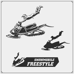 Snowmobile emblems, labels, badges and design elements. Snowmobile Freestyle. Print design for t-shirt and sport club emblems.