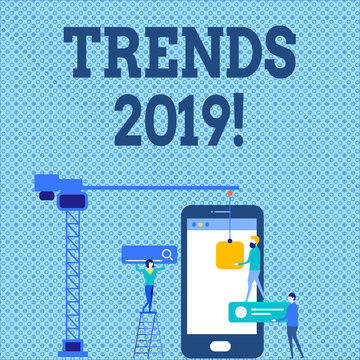 Word writing text Trends 2019. Business photo showcasing general direction in which something is developing or changing Staff Working Together for Common Target Goal with SEO Process Icons